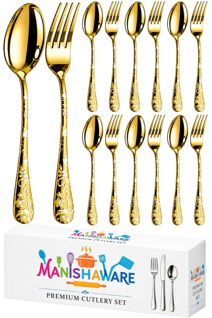 Gold Fork & Spoon Set Floral Design