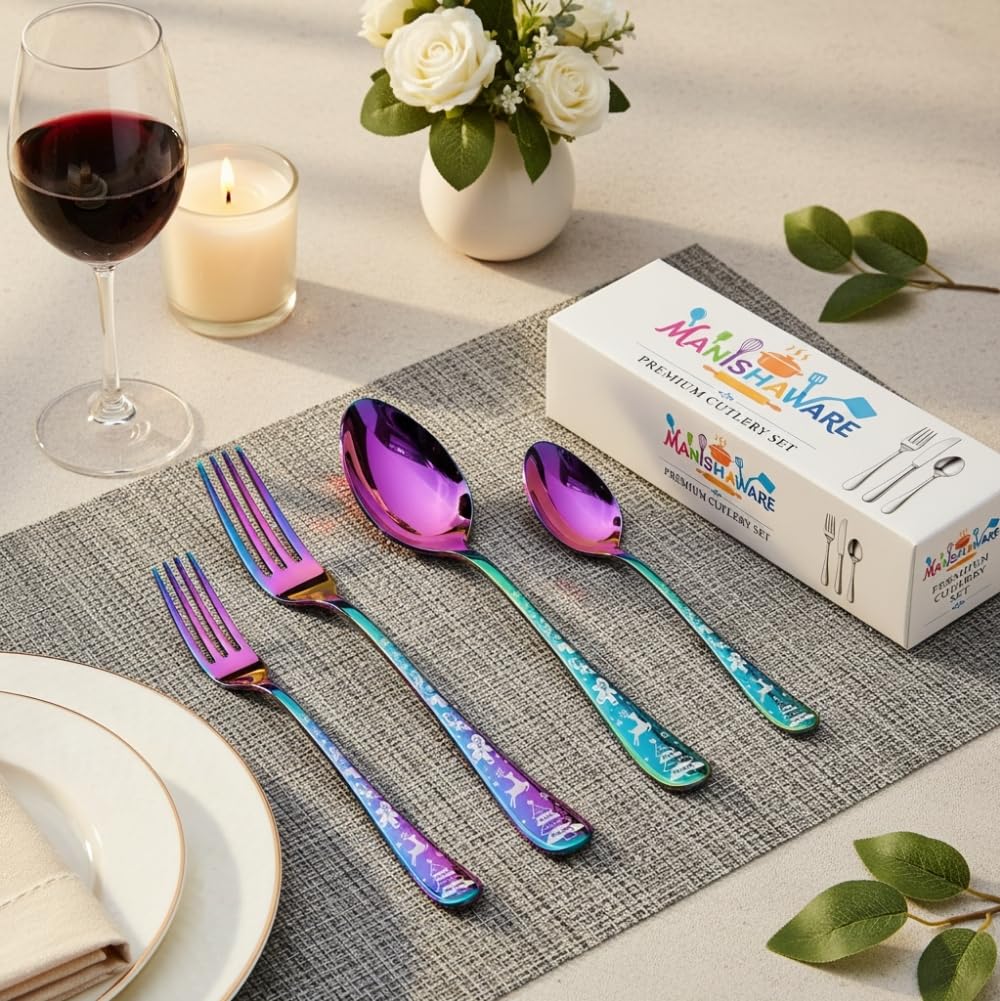 Rainbow Festive Indian cutlery set, rust resistant stainless steel, a perfect wedding, housewarming, corporate and festival gift