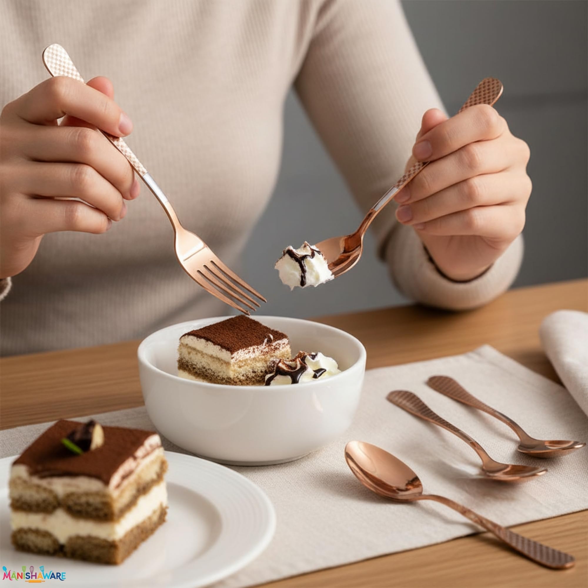 Manishaware Checkered Rose Gold 20 Pcs Stainless Steel Cutlery Set for Dining Table, Dishwasher Safe Glossy Flatware (4 spoon set+4 forks set+4 Butter knife+4 Dessert Spoon+ 4 Fruit Fork)