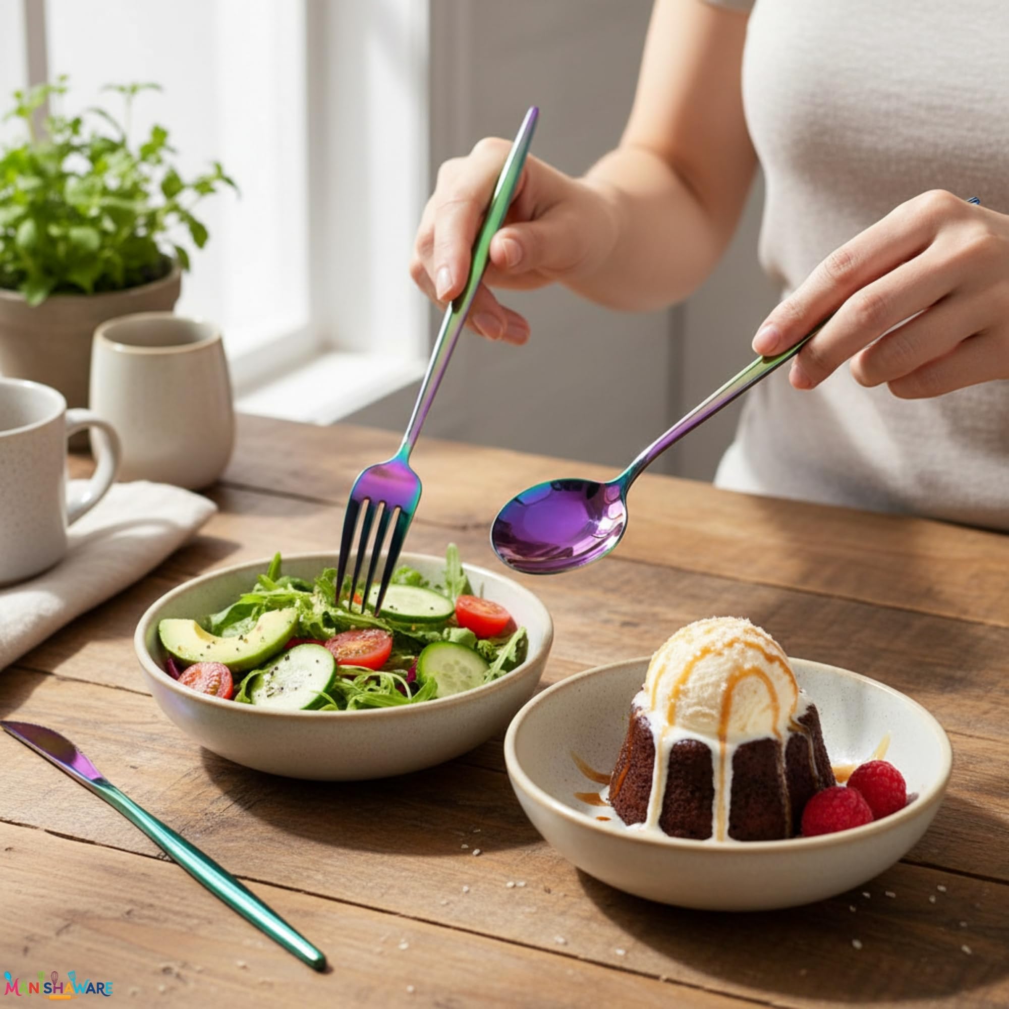 Manishaware Slim Handle Rainbow 16 Pcs Stainless Steel Cutlery Set for Dining Table, Dishwasher Safe Glossy Flatware (4 spoon set+4 forks set+4 Butter knife+4 Dessert Spoon)