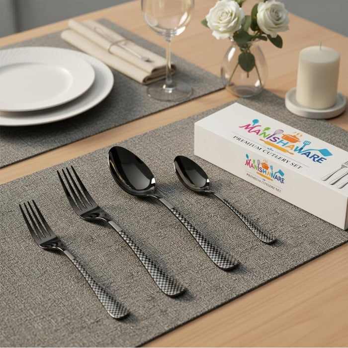 Black Essential Cutlery Set Checker Design