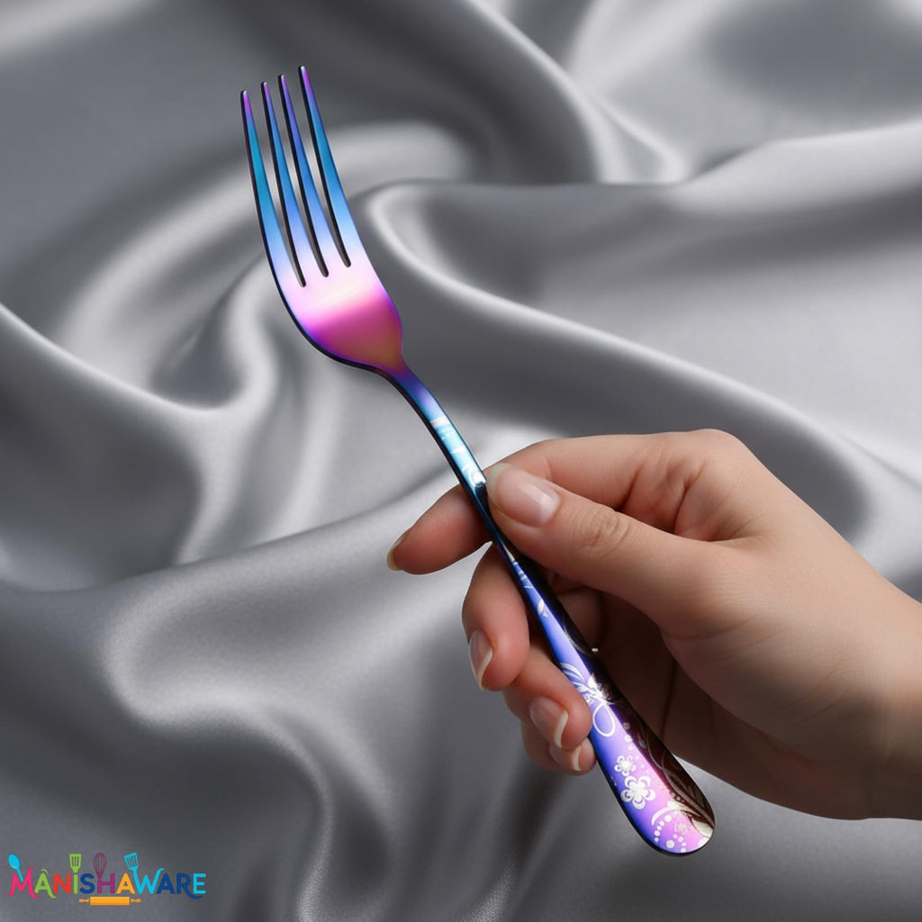 Manishaware Floral Rainbow 15 Pcs Stainless Steel Cutlery Set for Dining Table, Dishwasher Safe Glossy Flatware (3 spoon set+3 forks set+3 Butter knife+3 Dessert Spoon+ 3 FruitFork)
