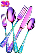 Manishaware Christmas Rainbow 30 Pcs Stainless Steel Cutlery Set for Dining Table, Dishwasher Safe Glossy Flatware (6 spoon set+6 forks set+6 Butter knife+6 Dessert Spoon+ 6 Fruit Fork)