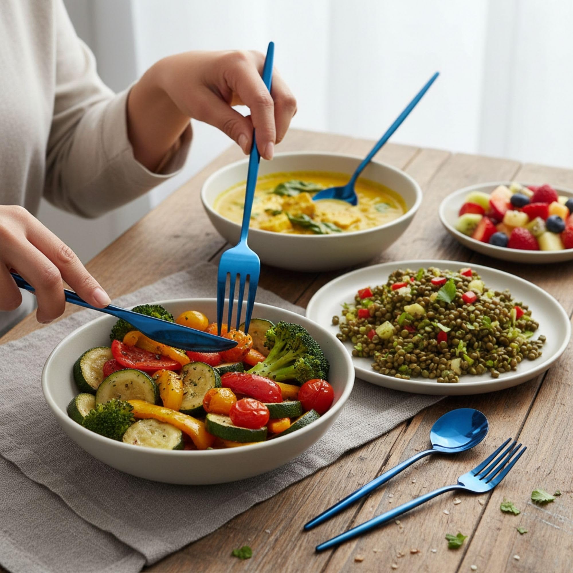 Manishaware Slim Handle Stainless Steel Cutlery Set for Dining Table, Dishwasher Safe Glossy Flatware (6 spoon set+6 forks set+6 Butter knife+6 Dessert Spoon+ 6 Fruit Fork)