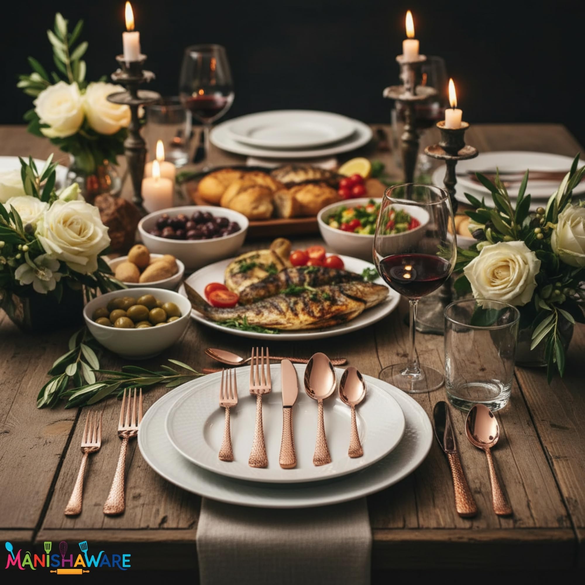 Manishaware Hammered Stainless Steel Cutlery Set for Dining Table, Dishwasher Safe Glossy Flatware (4 spoon set+4 forks set+4 Butter knife+4 Dessert Spoon+ 4 Fruit Fork)