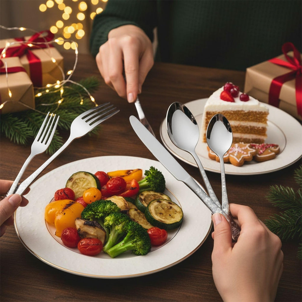 Manishaware Christmas 30 Pcs Stainless Steel Cutlery Set for Dining Table, Dishwasher Safe Glossy Flatware (6 spoon set+6 forks set+6 Butter knife+6 Dessert Spoon+ 6 Fruit Fork)