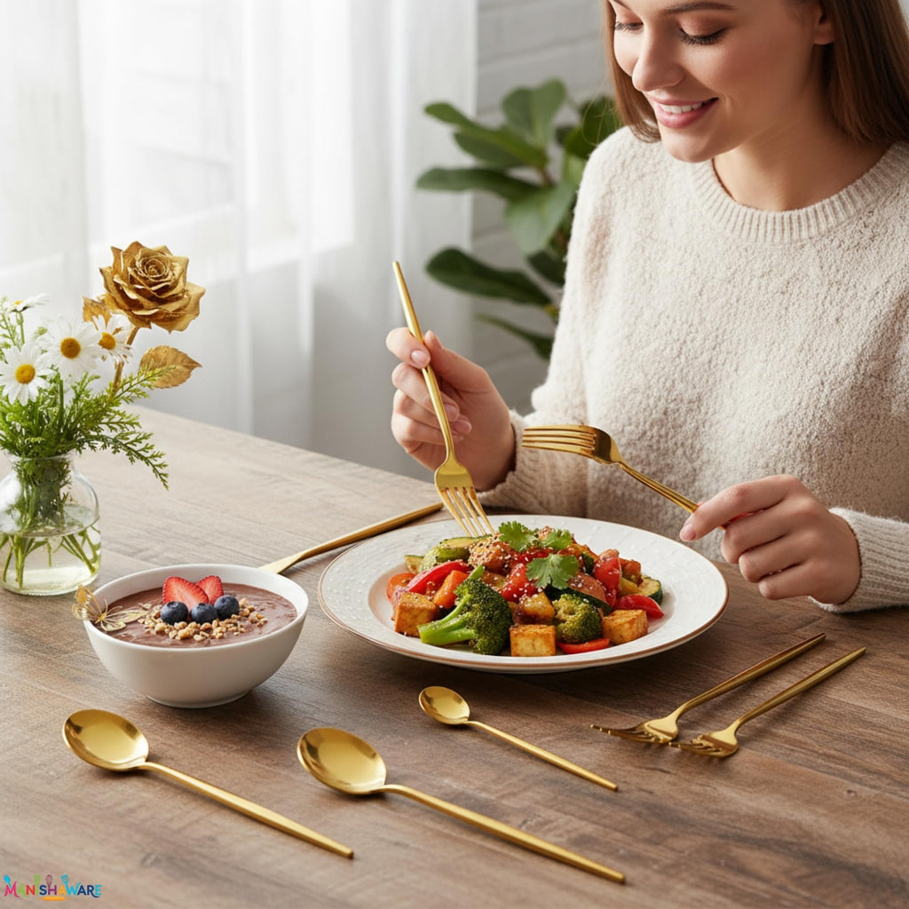 Manishaware Slim Handle Gold 4 Pcs Stainless Steel Cutlery Set for Dining Table, Dishwasher Safe Glossy Flatware (1 spoon set + 1 forks set + 1 Butter knife + 1 Dessert Spoon)