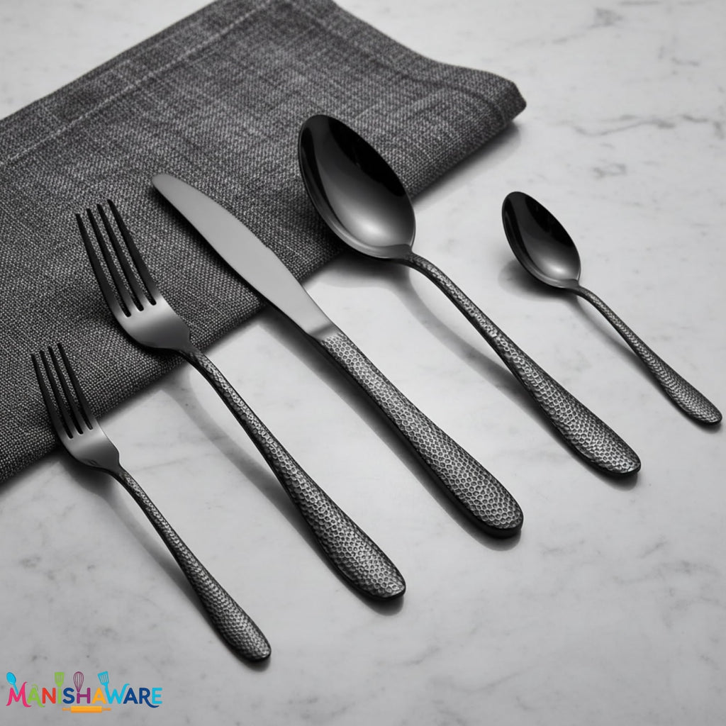 Manishaware Hammered Black 10 Pcs Stainless Steel Cutlery Set for Dining Table, Dishwasher Safe Glossy Flatware (2 spoon set+2 forks set+2 Butter knife+2 Dessert Spoon+ 2 Fruit Fork)