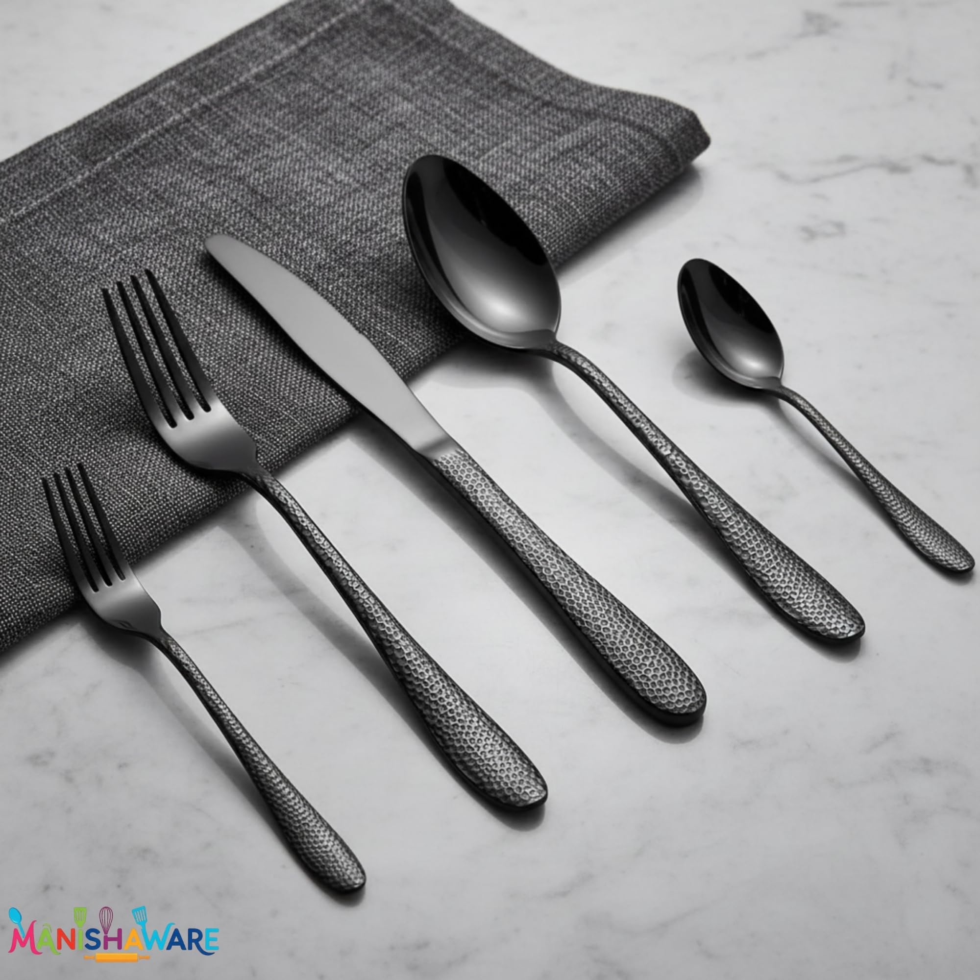 Manishaware Hammered Black 10 Pcs Stainless Steel Cutlery Set for Dining Table, Dishwasher Safe Glossy Flatware (2 spoon set+2 forks set+2 Butter knife+2 Dessert Spoon+ 2 Fruit Fork)