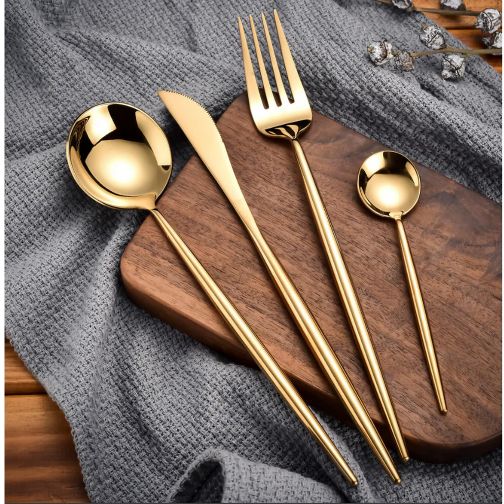 Manishaware Slim Handle Gold 8 Pcs Stainless Steel Cutlery Set for Dining Table, Dishwasher Safe Glossy Flatware (2 spoon set+2 forks set+2 Butter knife+2 Dessert Spoon)