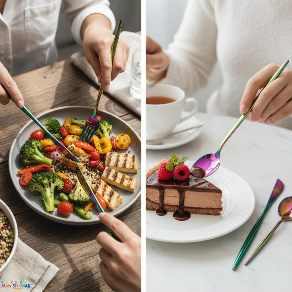 Manishaware Slim Handle Rainbow 4 Pcs Stainless Steel Cutlery Set for Dining Table, Dishwasher Safe Glossy Flatware (1 spoon set + 1 forks set + 1 Butter knife + 1 Dessert Spoon)