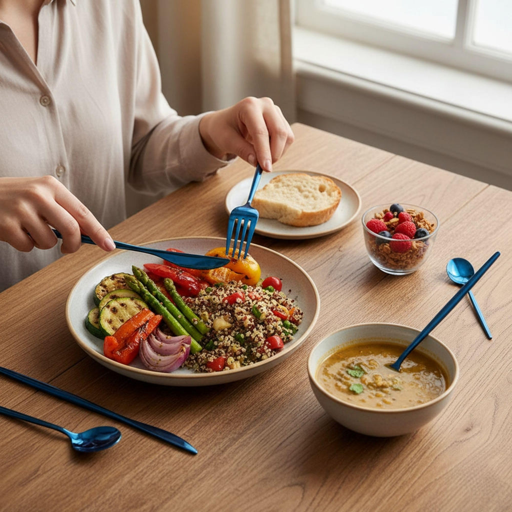 Manishaware Slim Handle Blue 15 Pcs Stainless Steel Cutlery Set for Dining Table, Dishwasher Safe Glossy Flatware (3 spoon set+3 forks set+3 Butter knife+3 Dessert Spoon+ 3 Fruit Fork)