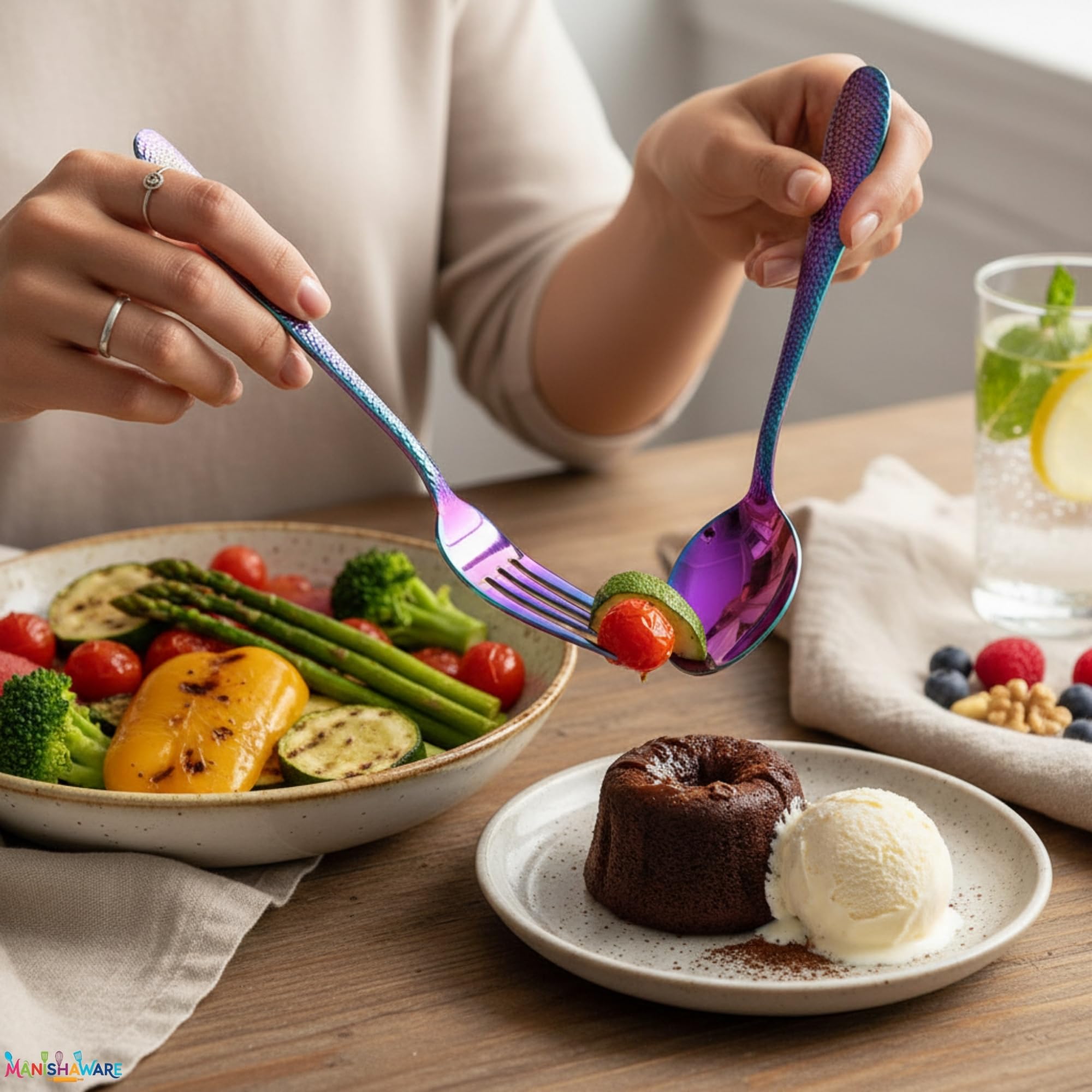 Manishaware Hammered Stainless Steel Cutlery Set for Dining Table, Dishwasher Safe Glossy Flatware (4 spoon set+4 forks set+4 Butter knife+4 Dessert Spoon+ 4 Fruit Fork)
