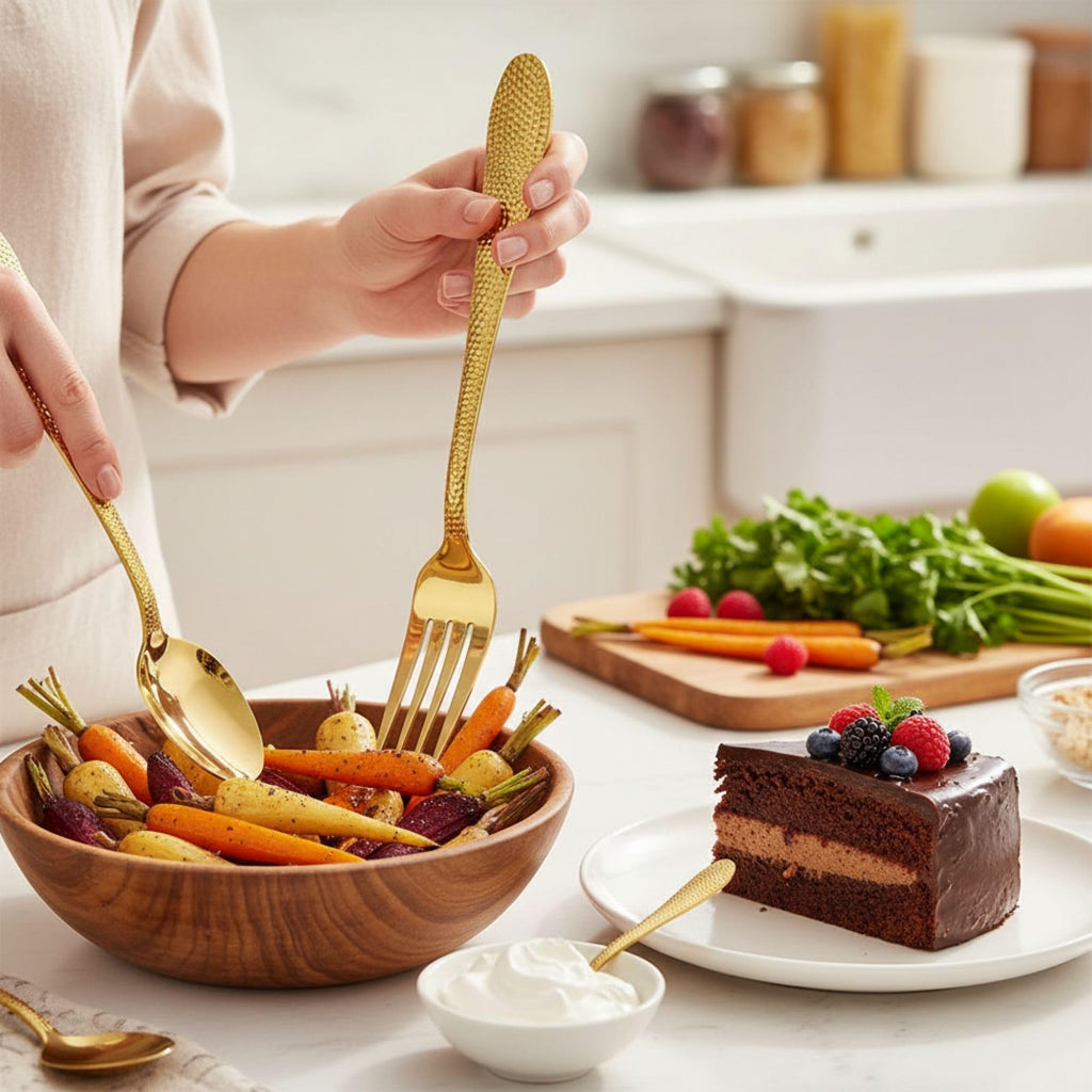Manishaware Hammered 30 Pcs Stainless Steel Cutlery Set for Dining Table, Dishwasher Safe Glossy Flatware (6 spoon set+6 forks set+6 Butter knife+6 Dessert Spoon+ 6 Fruit Fork)