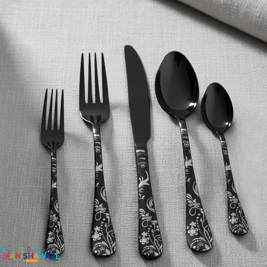 Manishaware Floral Black 10 Pcs Stainless Steel Cutlery Set for Dining Table, Dishwasher Safe Glossy Flatware (2 spoon set+2 forks set+2 Butter knife+2 Dessert Spoon+ 2 FruitFork)