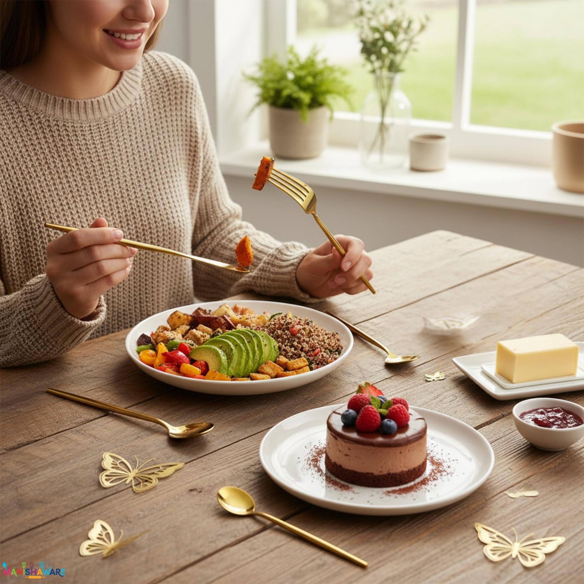 Manishaware Slim Handle Gold 8 Pcs Stainless Steel Cutlery Set for Dining Table, Dishwasher Safe Glossy Flatware (2 spoon set + 2 forks set + 2 Butter knife + 2 Dessert Spoon)