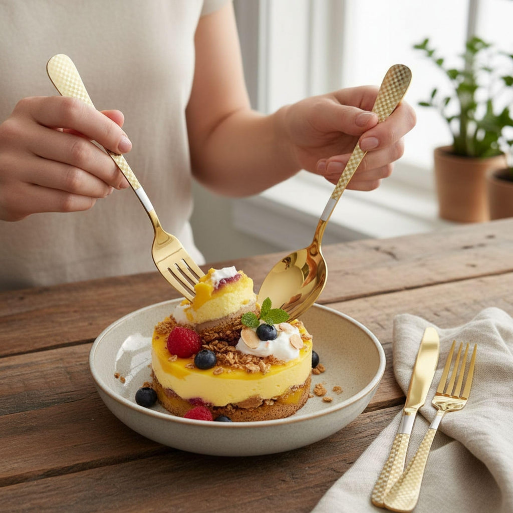 Manishaware Checkered 30 Pcs Stainless Steel Cutlery Set for Dining Table, Dishwasher Safe Glossy Flatware (6 spoon set+6 forks set+6 Butter knife+6 Dessert Spoon+ 6 Fruit Fork)