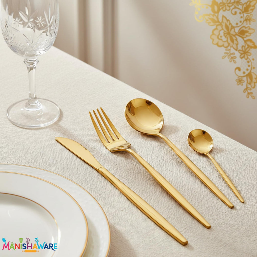 Manishaware Slim Handle Gold 12 Pcs Stainless Steel Cutlery Set for Dining Table, Dishwasher Safe Glossy Flatware (3 spoon set+3 forks set+3 Butter knife+3 Dessert Spoon)