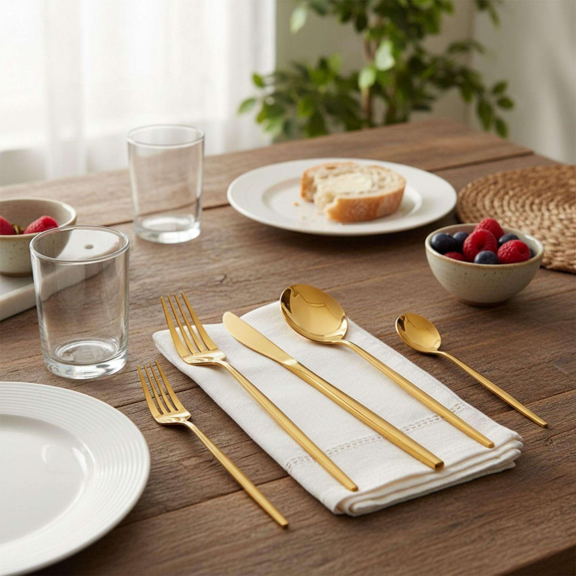 Manishaware Slim Handle Gold 15 Pcs Stainless Steel Cutlery Set for Dining Table, Dishwasher Safe Glossy Flatware (3 spoon set+3 forks set+3 Butter knife+3 Dessert Spoon+ 3 Fruit Fork)