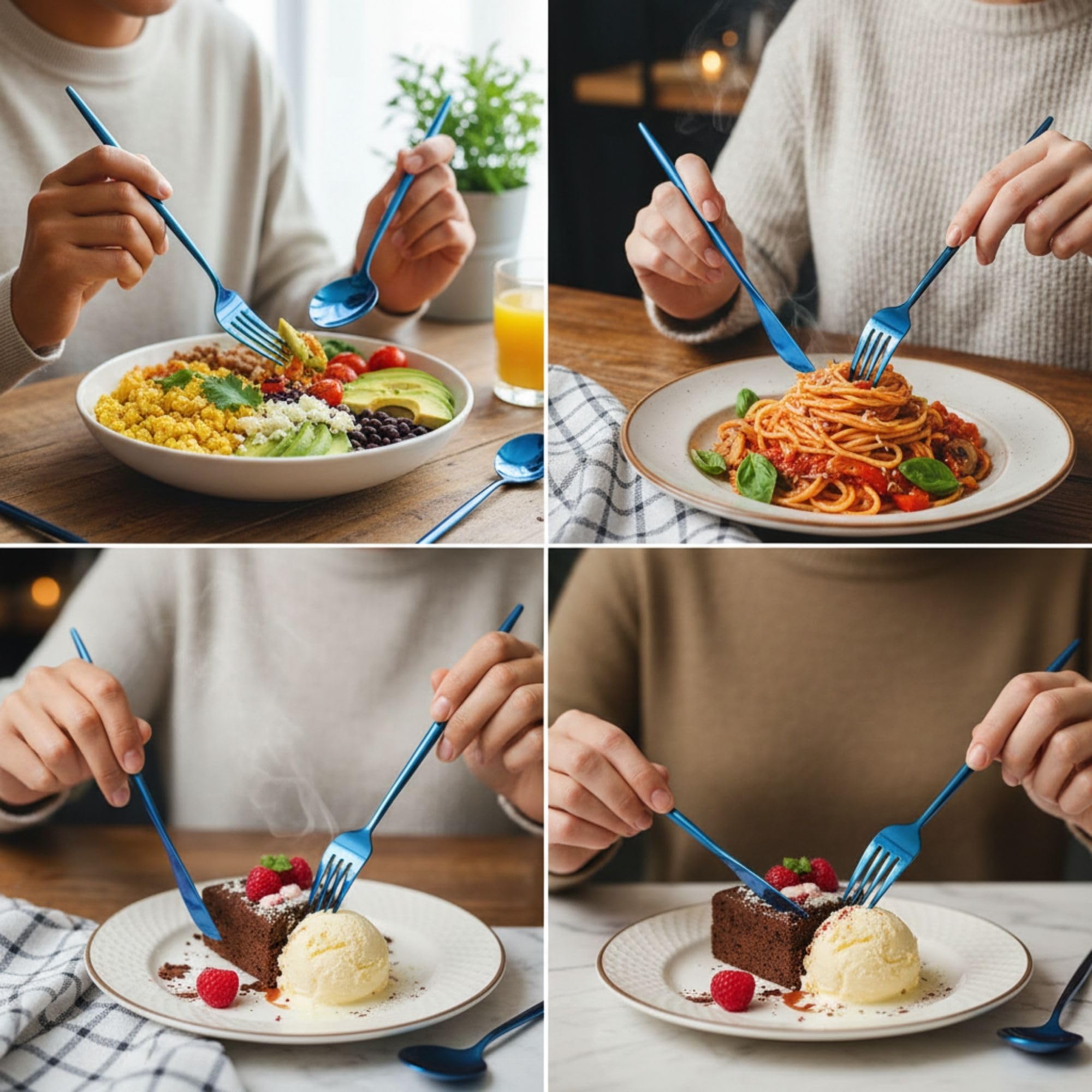 Manishaware Slim Handle Blue 15 Pcs Stainless Steel Cutlery Set for Dining Table, Dishwasher Safe Glossy Flatware (3 spoon set+3 forks set+3 Butter knife+3 Dessert Spoon+ 3 Fruit Fork)
