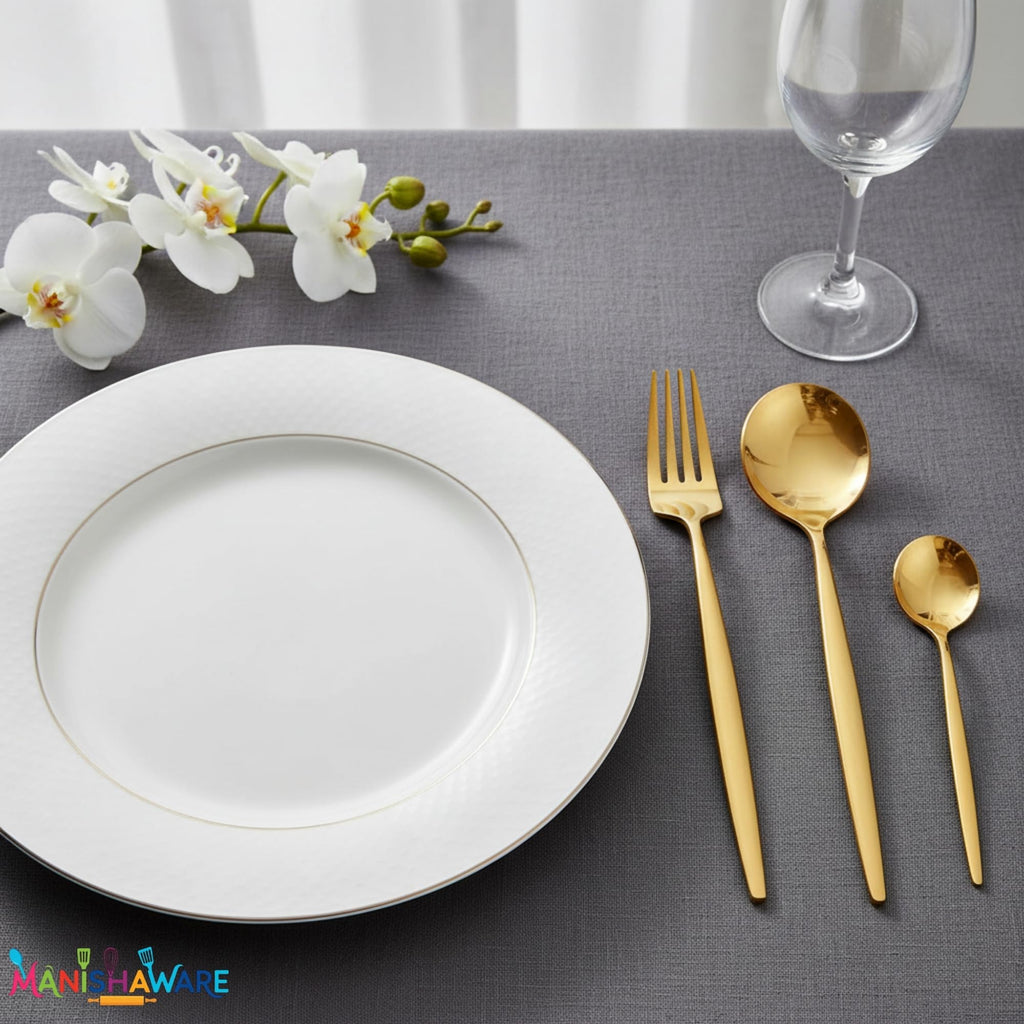 Manishaware Slim Handle Gold 12 Pcs Stainless Steel Cutlery Set for Dining Table, Dishwasher Safe Glossy Flatware (3 spoon set + 3 forks set + 3 Butter knife + 3 Dessert Spoon)