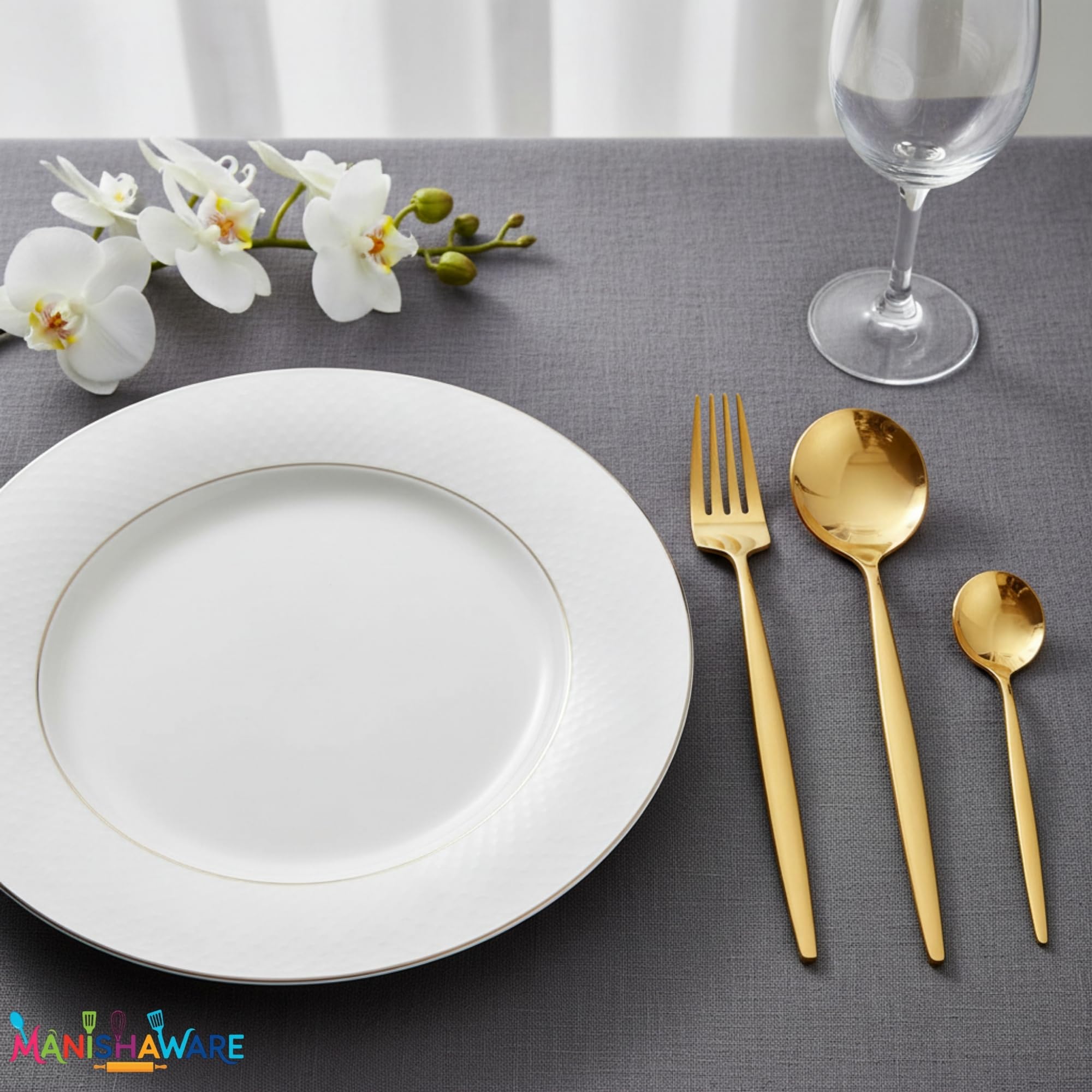 Manishaware Slim Handle Gold 12 Pcs Stainless Steel Cutlery Set for Dining Table, Dishwasher Safe Glossy Flatware (3 spoon set + 3 forks set + 3 Butter knife + 3 Dessert Spoon)
