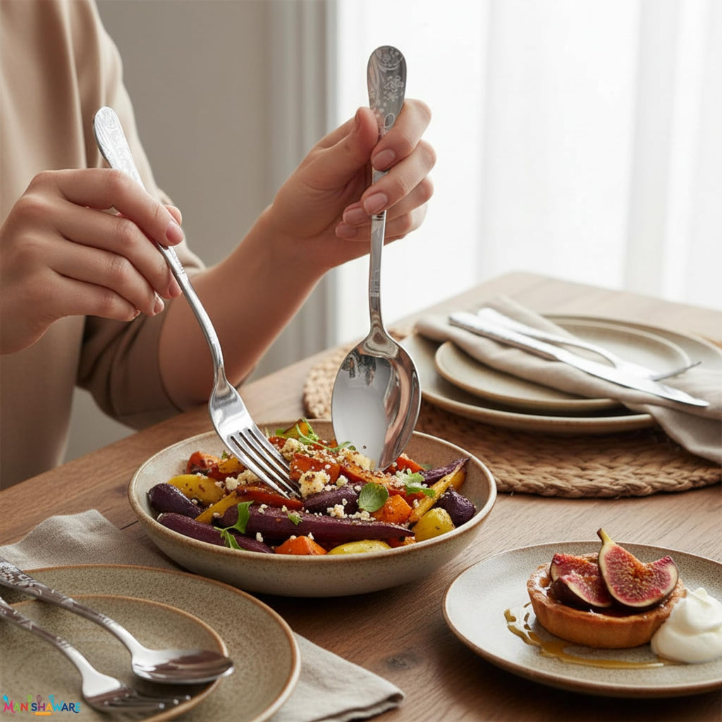 Manishaware Floral Silver 20 Pcs Stainless Steel Cutlery Set for Dining Table, Dishwasher Safe Glossy Flatware (4 spoon set+4 forks set+4 Butter knife+4 Dessert Spoon+ 4 FruitFork)