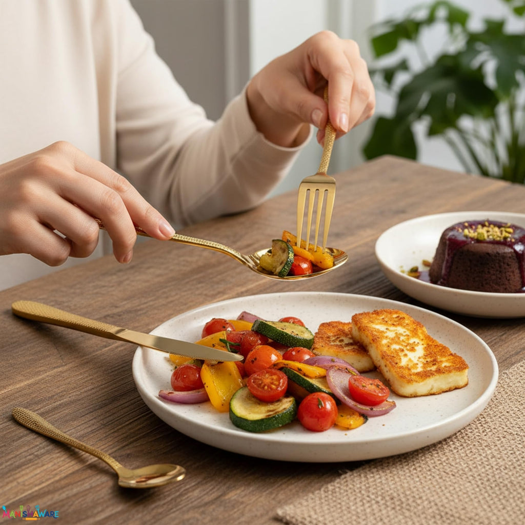 Manishaware Hammered Gold 10 Pcs Stainless Steel Cutlery Set for Dining Table, Dishwasher Safe Glossy Flatware (2 spoon set+2 forks set+2 Butter knife+2 Dessert Spoon+ 2 Fruit Fork)