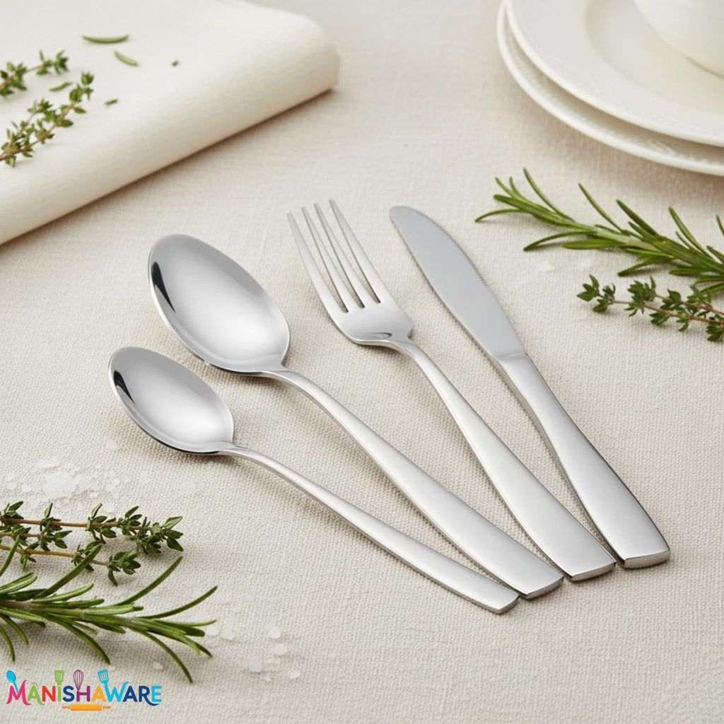 Manishaware Mirror Polished Silver 20 Pcs Stainless Steel Cutlery Set for Dining Table, Dishwasher Safe Glossy Flatware (5 spoon set + 5 forks set + 5 Butter knife + 5 Dessert Spoon)