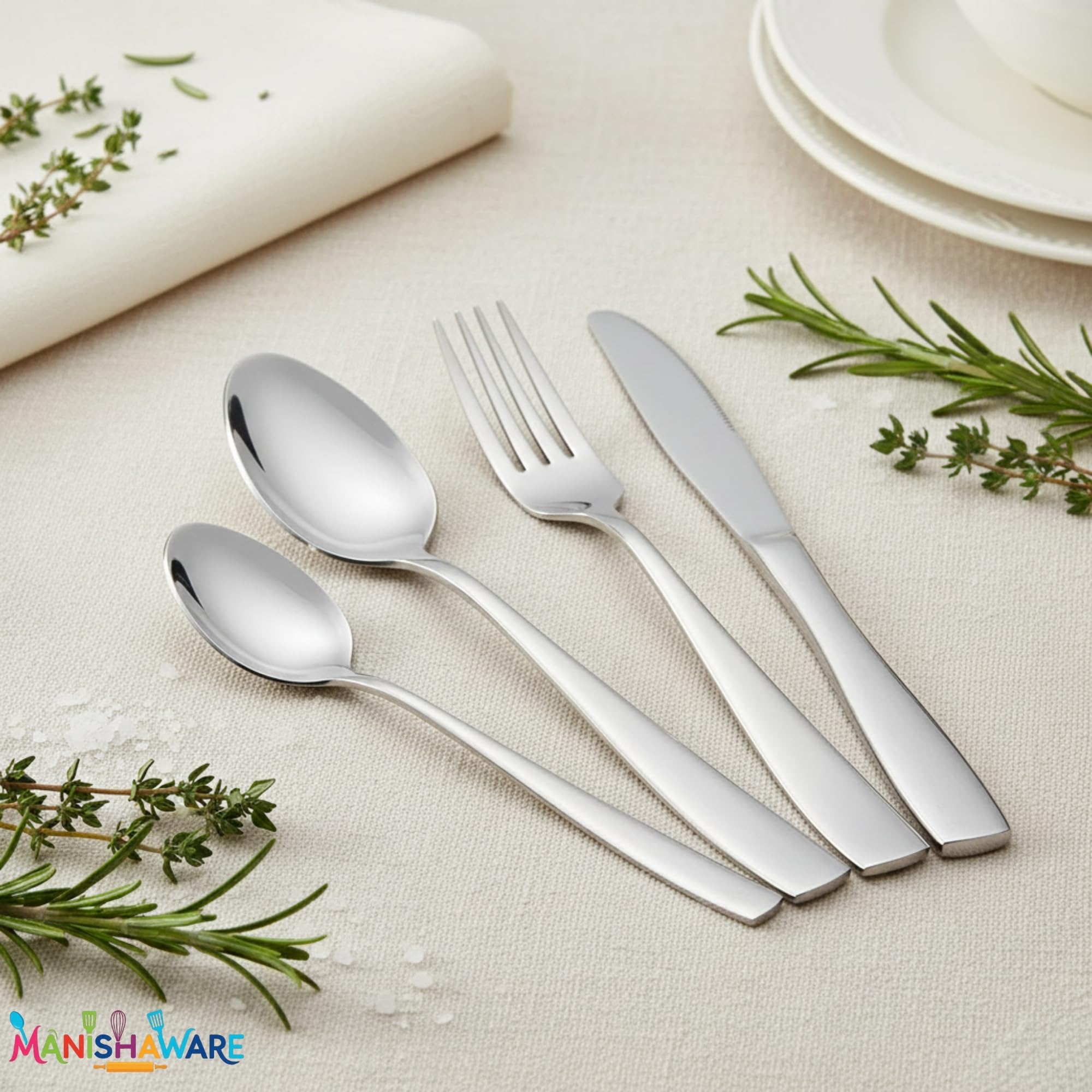 Manishaware Mirror Polished Silver 20 Pcs Stainless Steel Cutlery Set for Dining Table, Dishwasher Safe Glossy Flatware (5 spoon set + 5 forks set + 5 Butter knife + 5 Dessert Spoon)