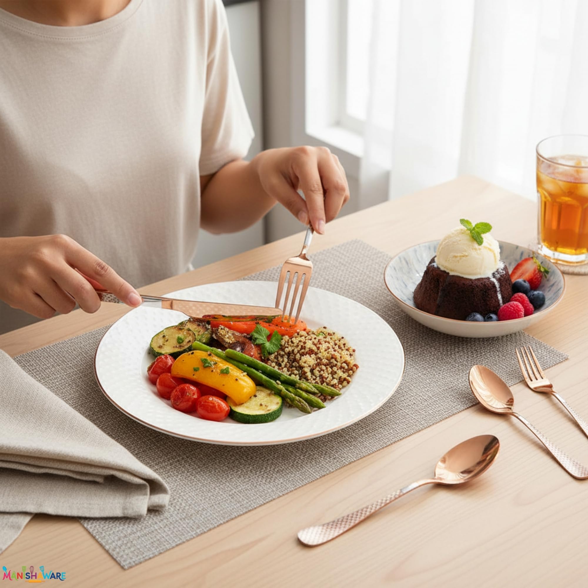 Manishaware Checkered Rose Gold 20 Pcs Stainless Steel Cutlery Set for Dining Table, Dishwasher Safe Glossy Flatware (4 spoon set+4 forks set+4 Butter knife+4 Dessert Spoon+ 4 Fruit Fork)