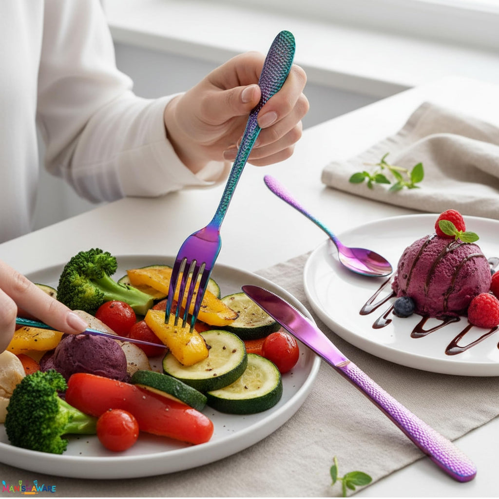 Manishaware Hammered Rainbow 15 Pcs Stainless Steel Cutlery Set for Dining Table, Dishwasher Safe Glossy Flatware (3 spoon set+3 forks set+3 Butter knife+3 Dessert Spoon+ 3 Fruit Fork)