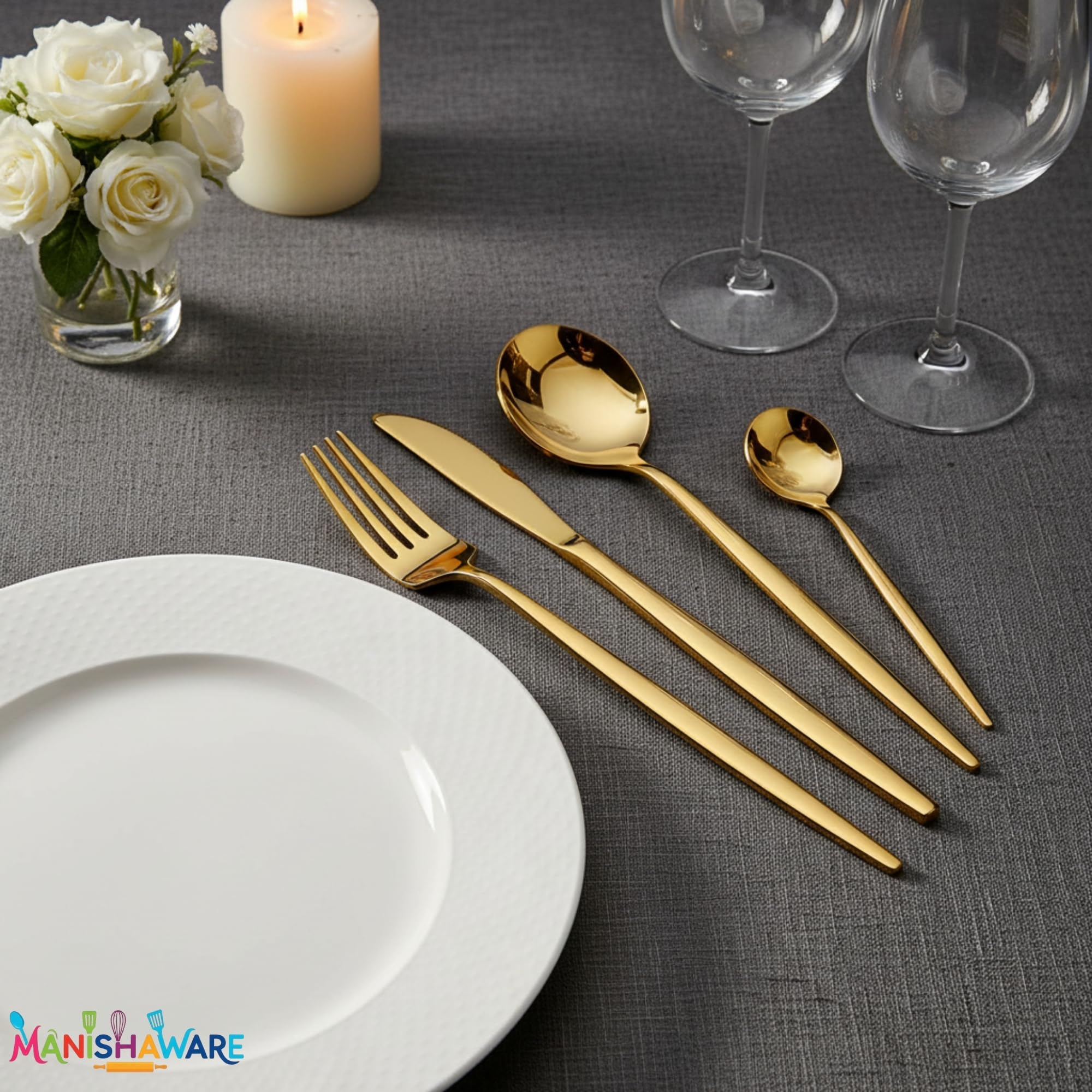 Manishaware Slim Handle Gold 12 Pcs Stainless Steel Cutlery Set for Dining Table, Dishwasher Safe Glossy Flatware (3 spoon set+3 forks set+3 Butter knife+3 Dessert Spoon)