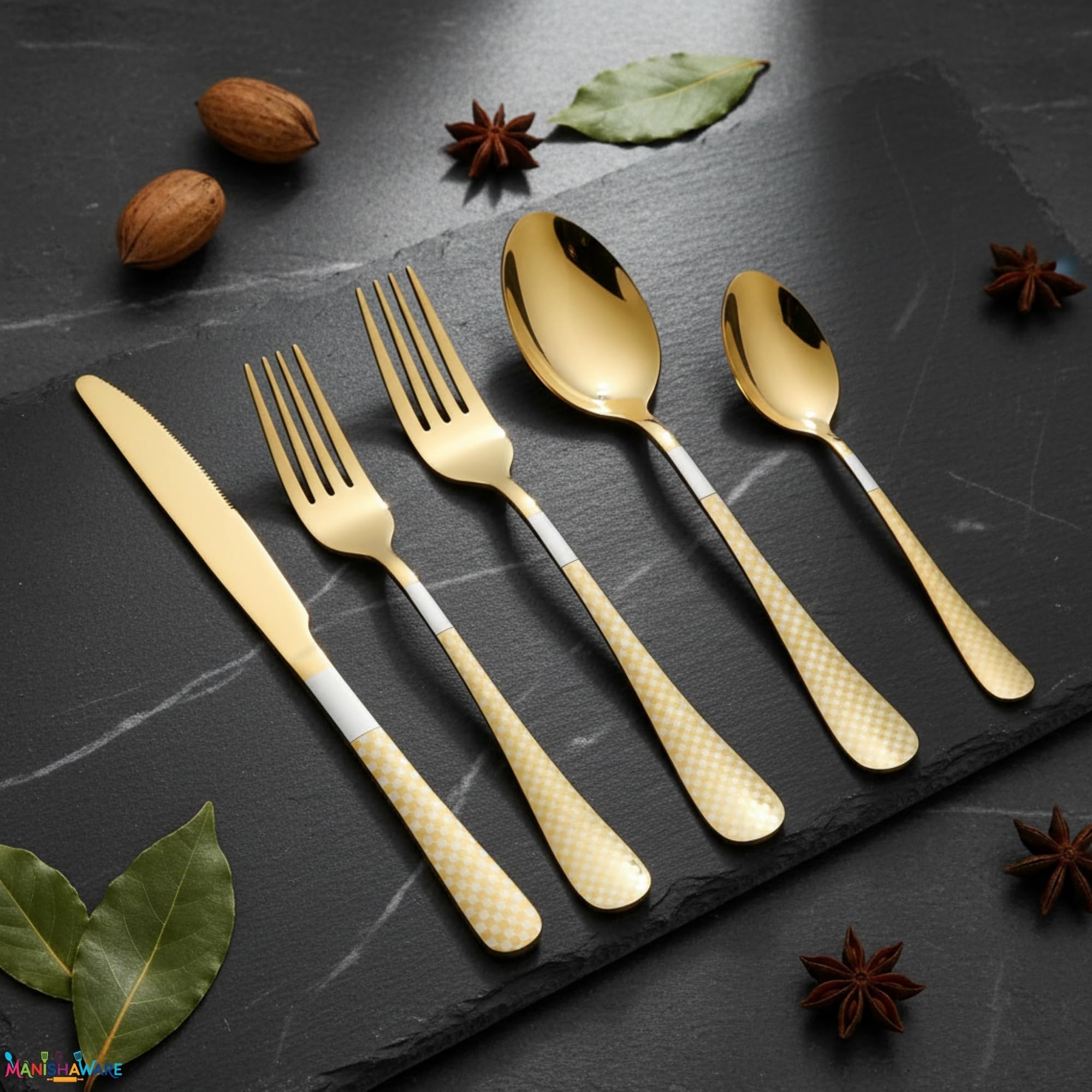 Manishaware Checkered Stainless Steel Cutlery Set for Dining Table, Dishwasher Safe Glossy Flatware (4 spoon set+4 forks set+4 Butter knife+4 Dessert Spoon+ 4 Fruit Fork)