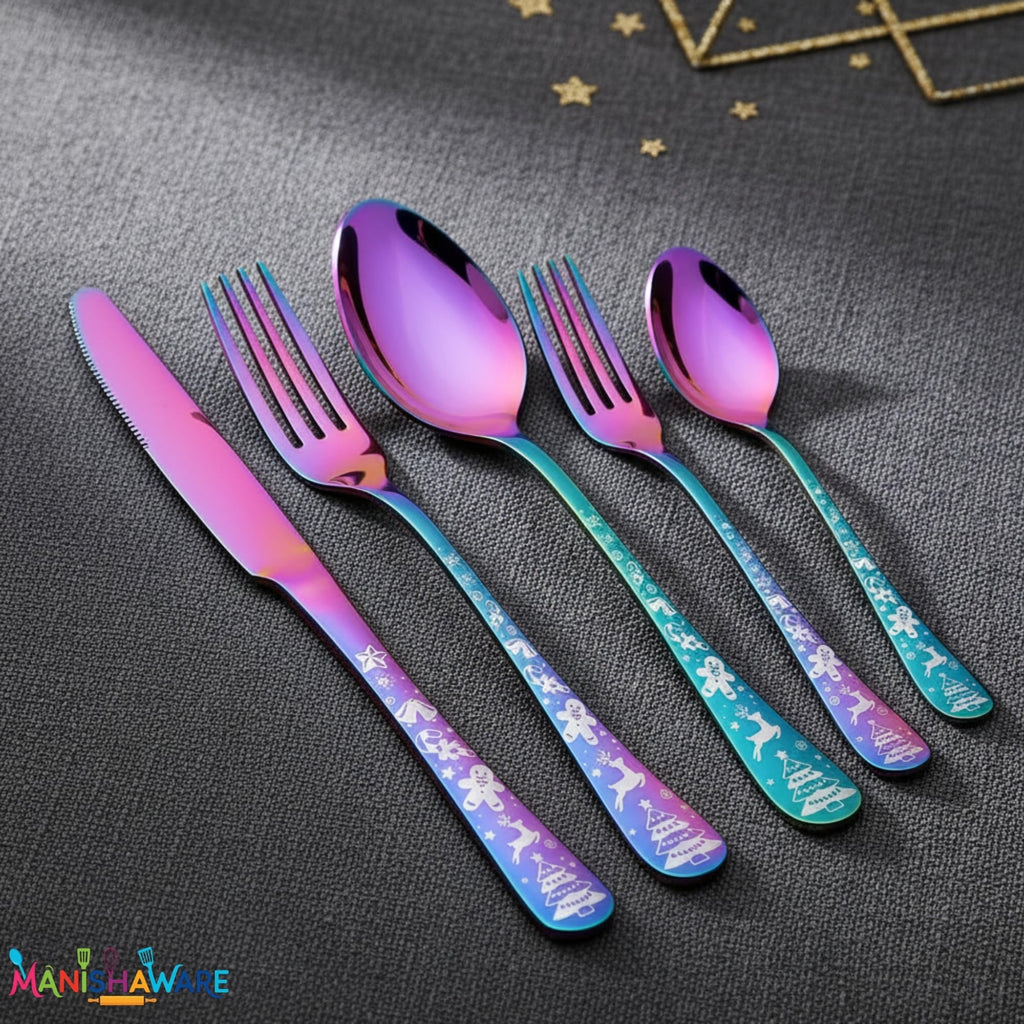 Manishaware Christmas Rainbow 15 Pcs Stainless Steel Cutlery Set for Dining Table, Dishwasher Safe Glossy Flatware (3 spoon set+3 forks set+3 Butter knife+3 Dessert Spoon+ 3 Fruit Fork)