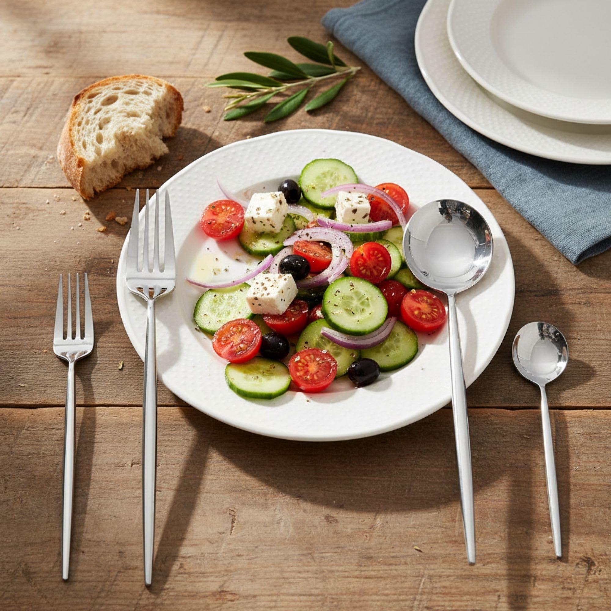 Manishaware Slim Handle Stainless Steel Cutlery Set for Dining Table, Dishwasher Safe Glossy Flatware (6 spoon set+6 forks set+6 Butter knife+6 Dessert Spoon+ 6 Fruit Fork)
