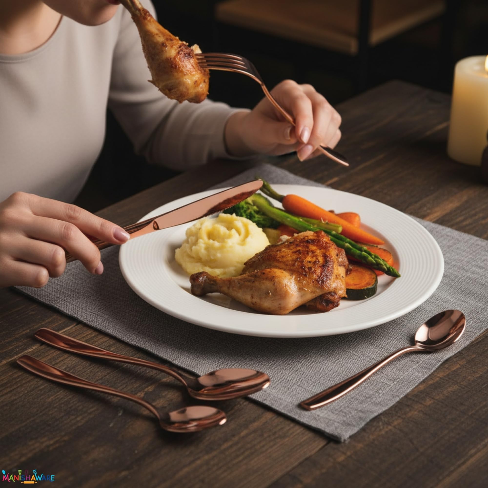 Manishaware Mirror Polished Rose Gold 12 Pcs Stainless Steel Cutlery Set for Dining Table, Dishwasher Safe Glossy Flatware (3 spoon set + 3 forks set + 3 Butter knife + 3 Dessert Spoon)
