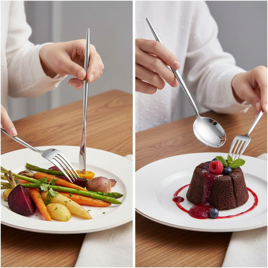 Manishaware Slim Handle Silver 10 Pcs Stainless Steel Cutlery Set for Dining Table, Dishwasher Safe Glossy Flatware (2 spoon set+2 forks set+2 Butter knife+2 Dessert Spoon+ 2 Fruit Fork)