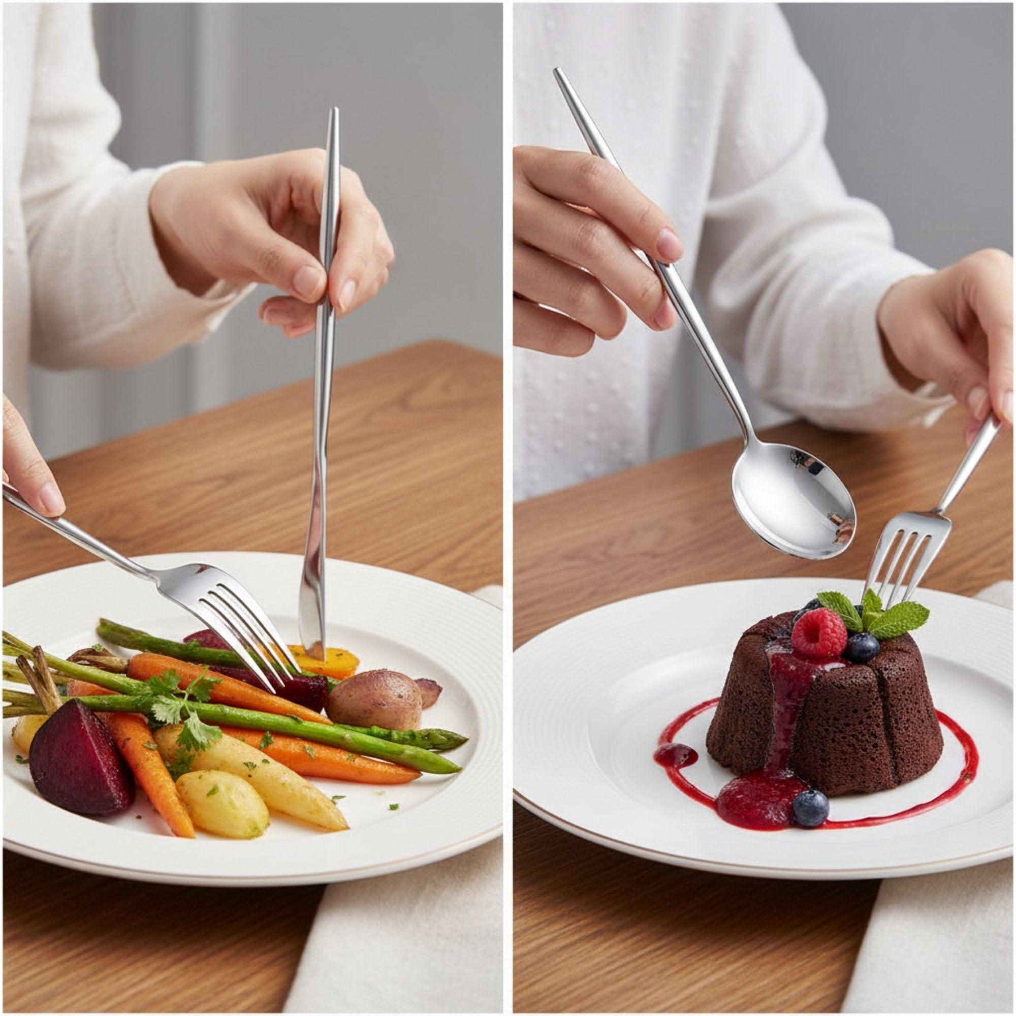 Manishaware Slim Handle Silver 10 Pcs Stainless Steel Cutlery Set for Dining Table, Dishwasher Safe Glossy Flatware (2 spoon set+2 forks set+2 Butter knife+2 Dessert Spoon+ 2 Fruit Fork)
