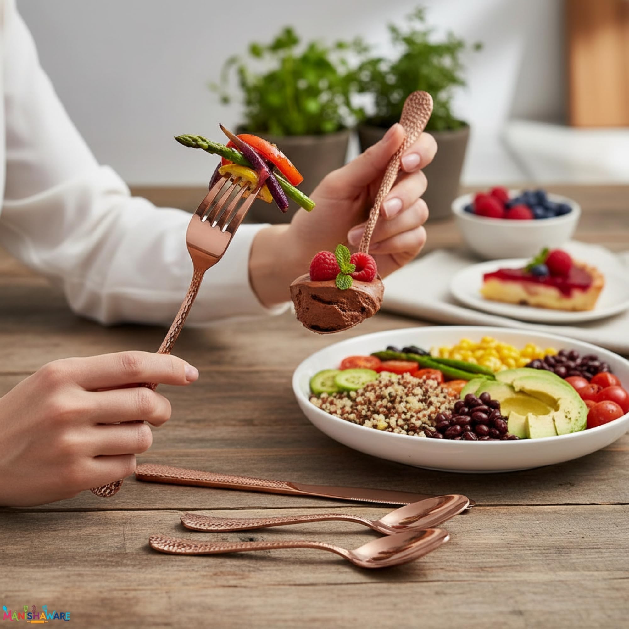 Manishaware Hammered Stainless Steel Cutlery Set for Dining Table, Dishwasher Safe Glossy Flatware (4 spoon set+4 forks set+4 Butter knife+4 Dessert Spoon+ 4 Fruit Fork)