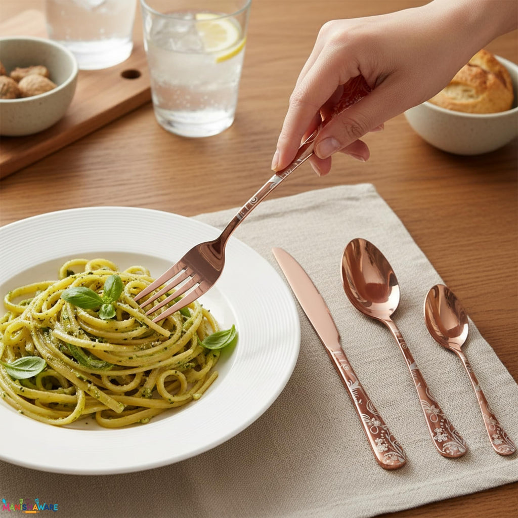 Manishaware Floral Stainless Steel Cutlery Set for Dining Table, Dishwasher Safe Glossy Flatware (4 spoon set+4 forks set+4 Butter knife+4 Dessert Spoon+ 4 FruitFork)