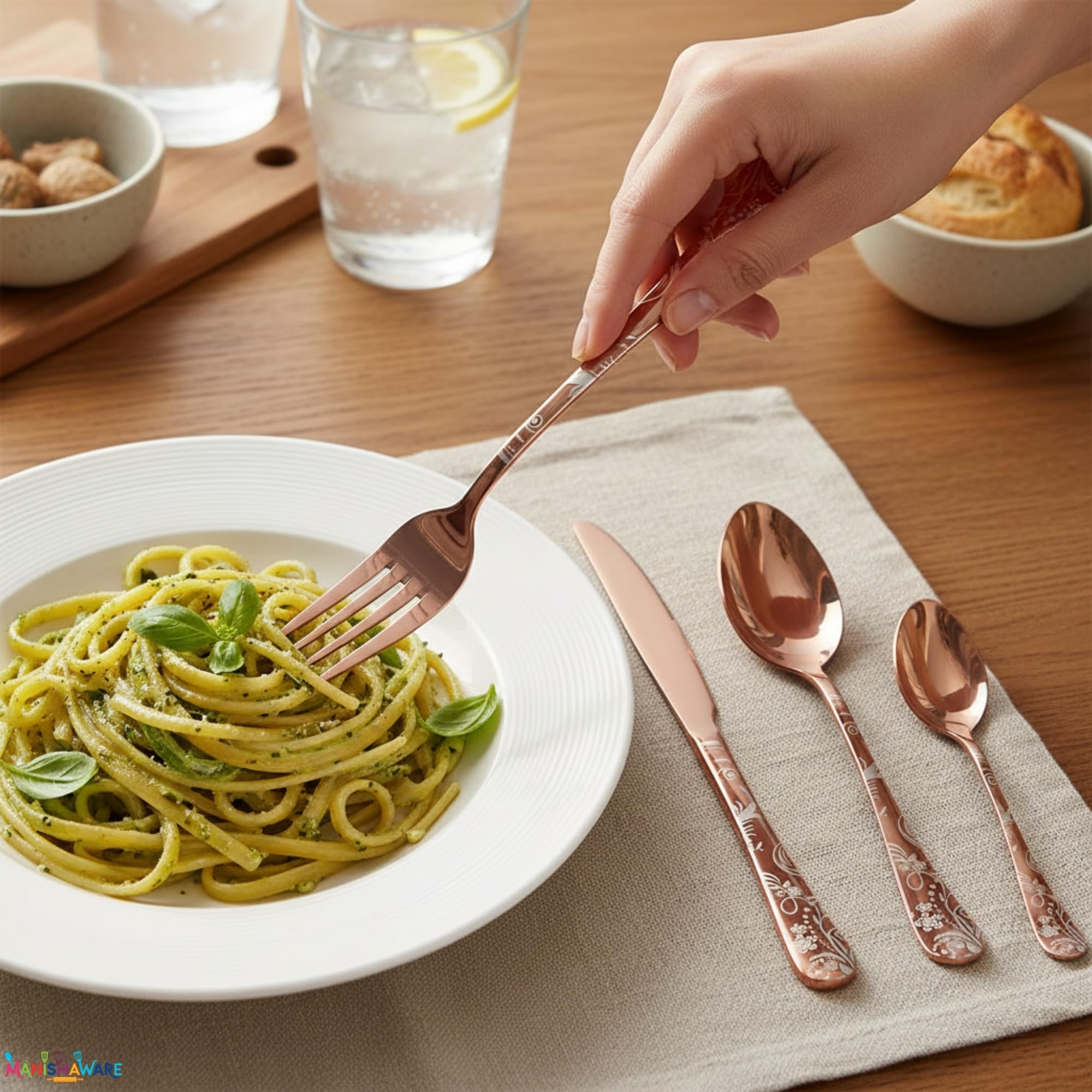 Manishaware Floral Rose Gold 10 Pcs Stainless Steel Cutlery Set for Dining Table, Dishwasher Safe Glossy Flatware (2 spoon set+2 forks set+2 Butter knife+2 Dessert Spoon+ 2 FruitFork)