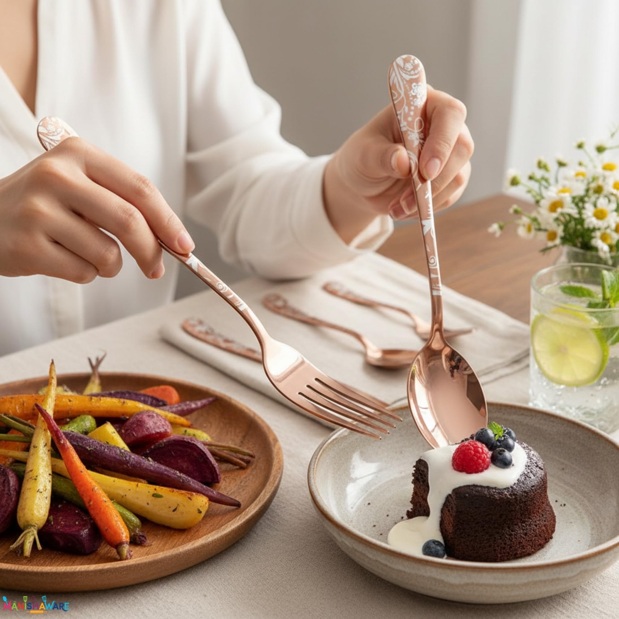 Manishaware Floral Rose Gold 10 Pcs Stainless Steel Cutlery Set for Dining Table, Dishwasher Safe Glossy Flatware (2 spoon set+2 forks set+2 Butter knife+2 Dessert Spoon+ 2 FruitFork)