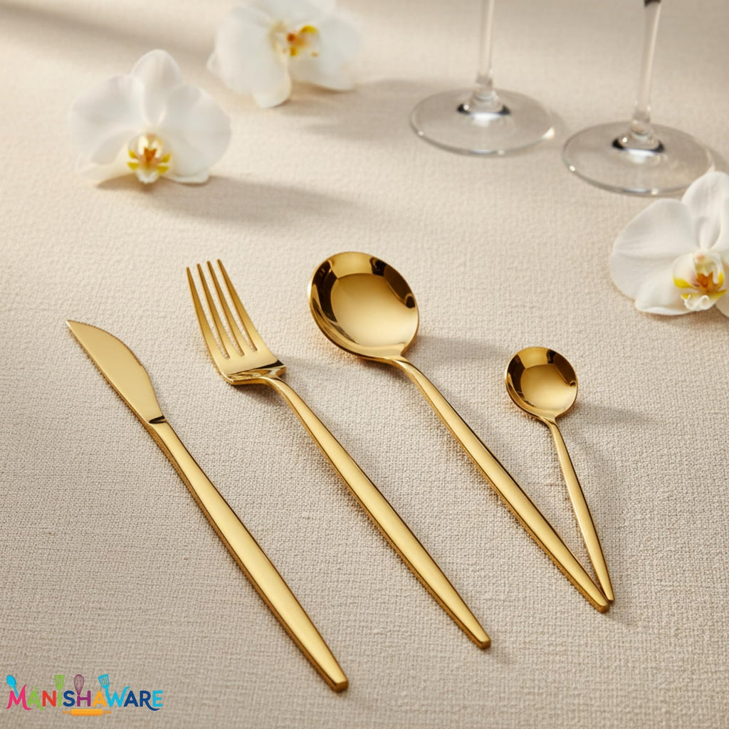 Manishaware Slim Handle Gold 8 Pcs Stainless Steel Cutlery Set for Dining Table, Dishwasher Safe Glossy Flatware (2 spoon set + 2 forks set + 2 Butter knife + 2 Dessert Spoon)