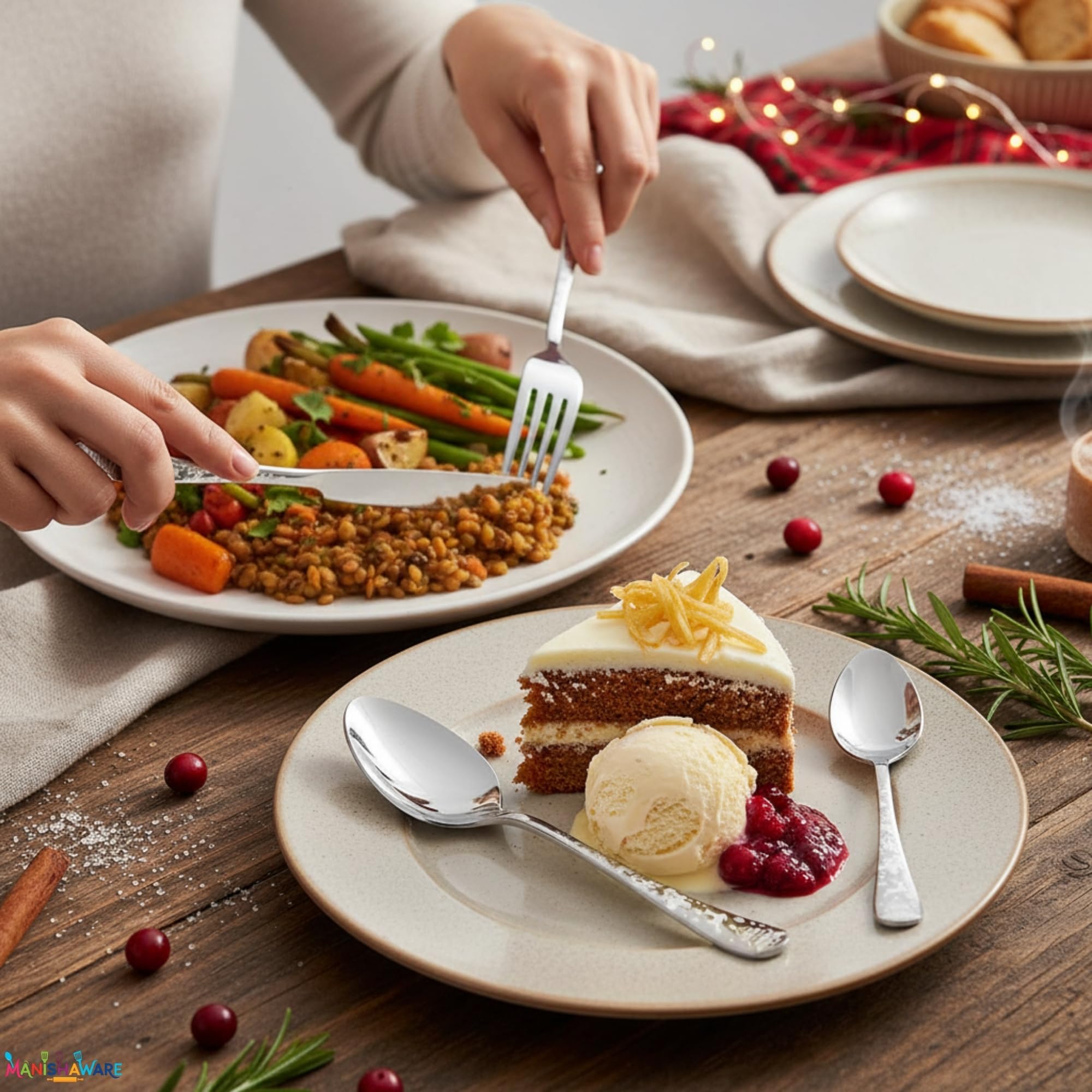 Manishaware Christmas Stainless Steel Cutlery Set for Dining Table, Dishwasher Safe Glossy Flatware (4 spoon set+4 forks set+4 Butter knife+4 Dessert Spoon+ 4 Fruit Fork)