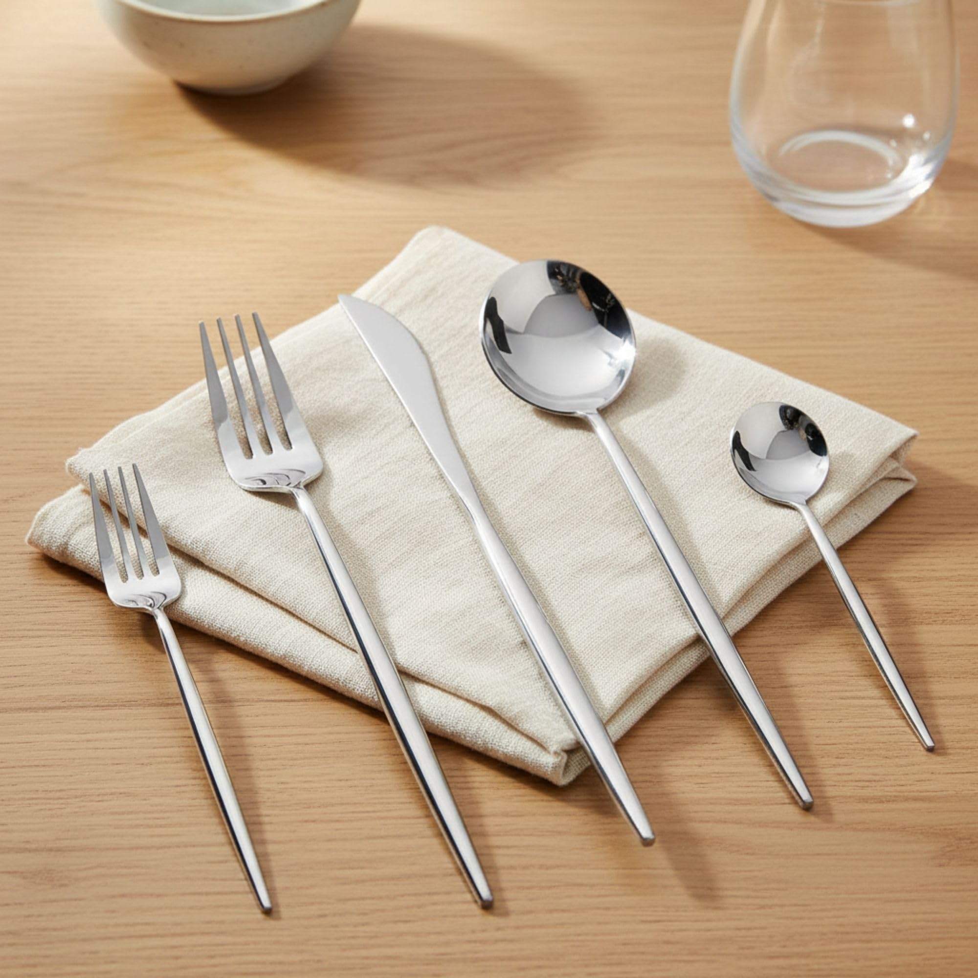 Manishaware Slim Handle Stainless Steel Cutlery Set for Dining Table, Dishwasher Safe Glossy Flatware (6 spoon set+6 forks set+6 Butter knife+6 Dessert Spoon+ 6 Fruit Fork)