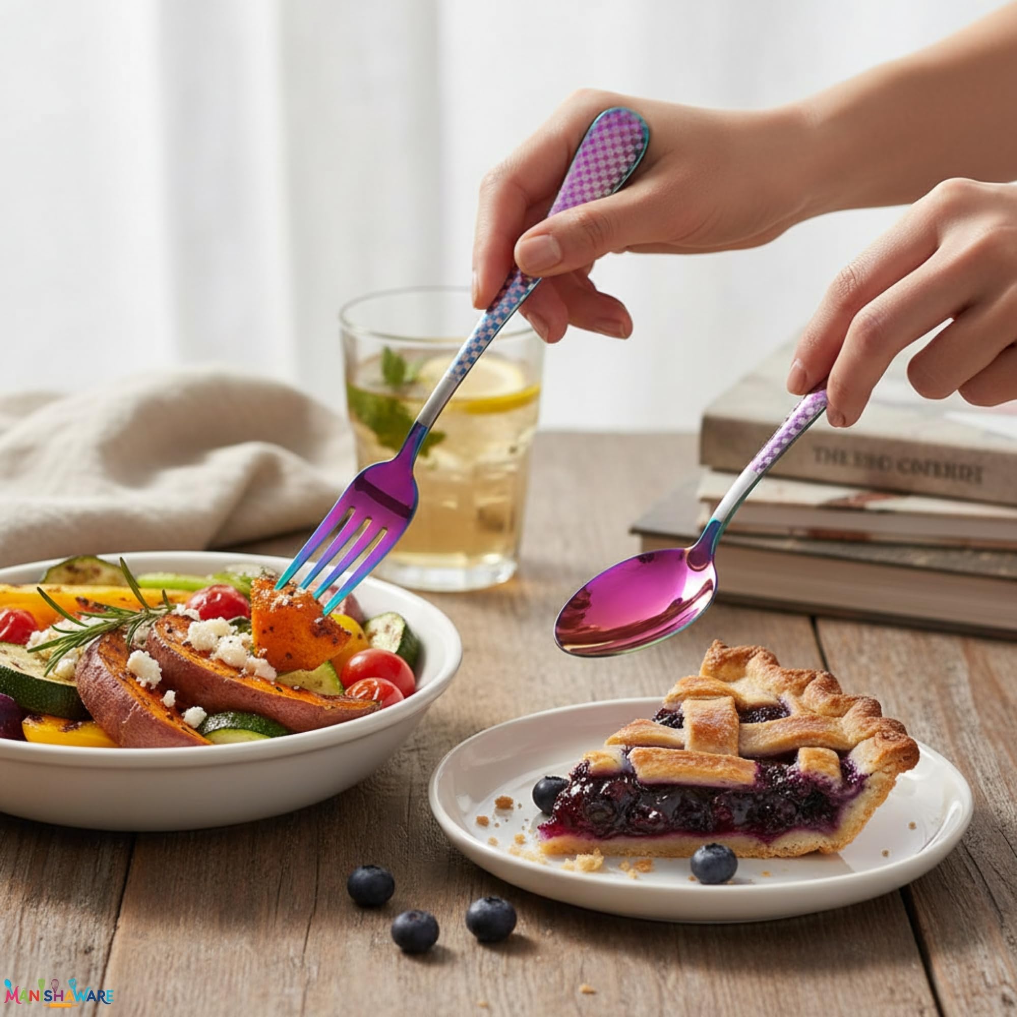 Manishaware Checkered Rainbow 20 Pcs Stainless Steel Cutlery Set for Dining Table, Dishwasher Safe Glossy Flatware (4 spoon set+4 forks set+4 Butter knife+4 Dessert Spoon+ 4 Fruit Fork)