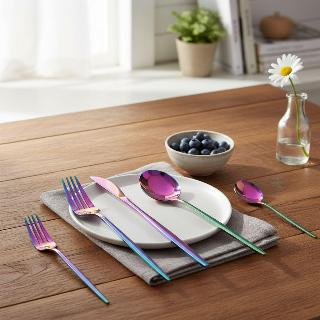 Manishaware Slim Handle Rainbow 5 Pcs Stainless Steel Cutlery Set for Dining Table, Dishwasher Safe Glossy Flatware (1 spoon set+1 forks set+1 Butter knife+1 Dessert Spoon+ 1 Fruit Fork)