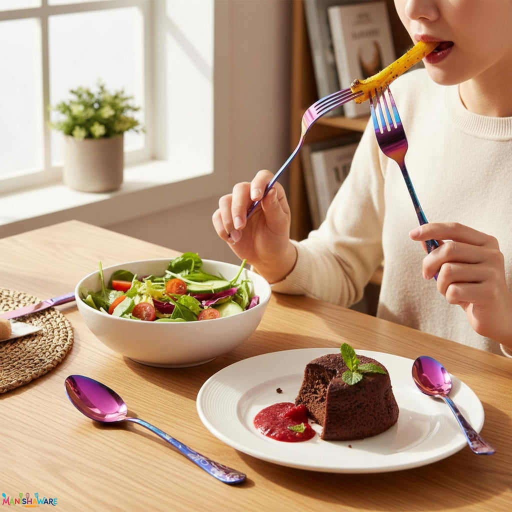Manishaware Floral Rainbow 10 Pcs Stainless Steel Cutlery Set for Dining Table, Dishwasher Safe Glossy Flatware (2 spoon set+2 forks set+2 Butter knife+2 Dessert Spoon+ 2 FruitFork)