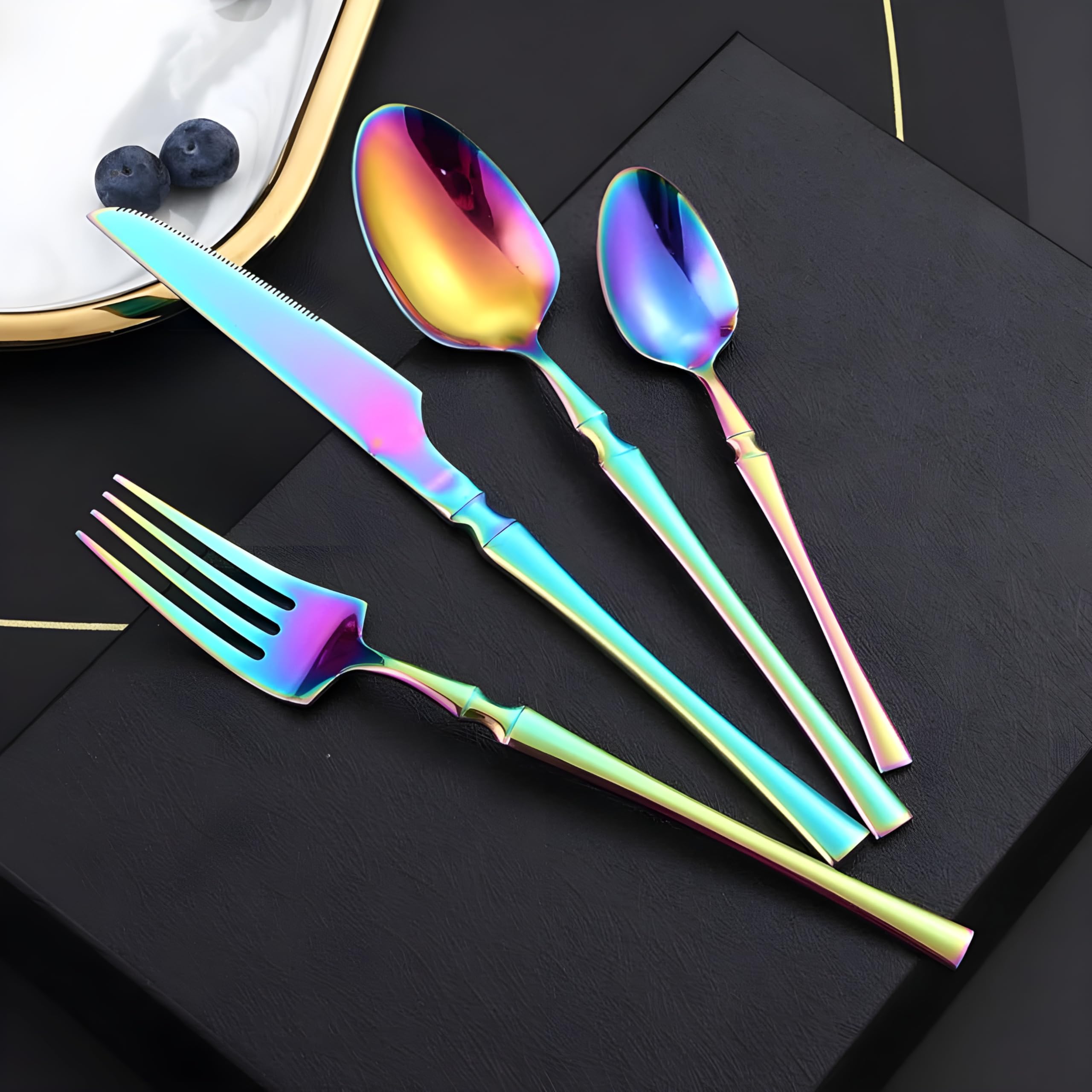 Manishaware Elegant Handle Rainbow 8 Pcs Stainless Steel Cutlery Set for Dining Table, Dishwasher Safe Glossy Flatware (2 spoon set+2 forks set+2 Butter knife+2 Dessert Spoon)